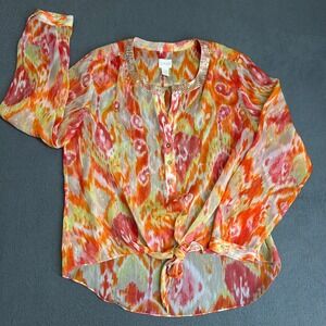 Chico's Blouse Women 1 Orange Ikat Tie Front Sequin Neck Long Sleeve Top